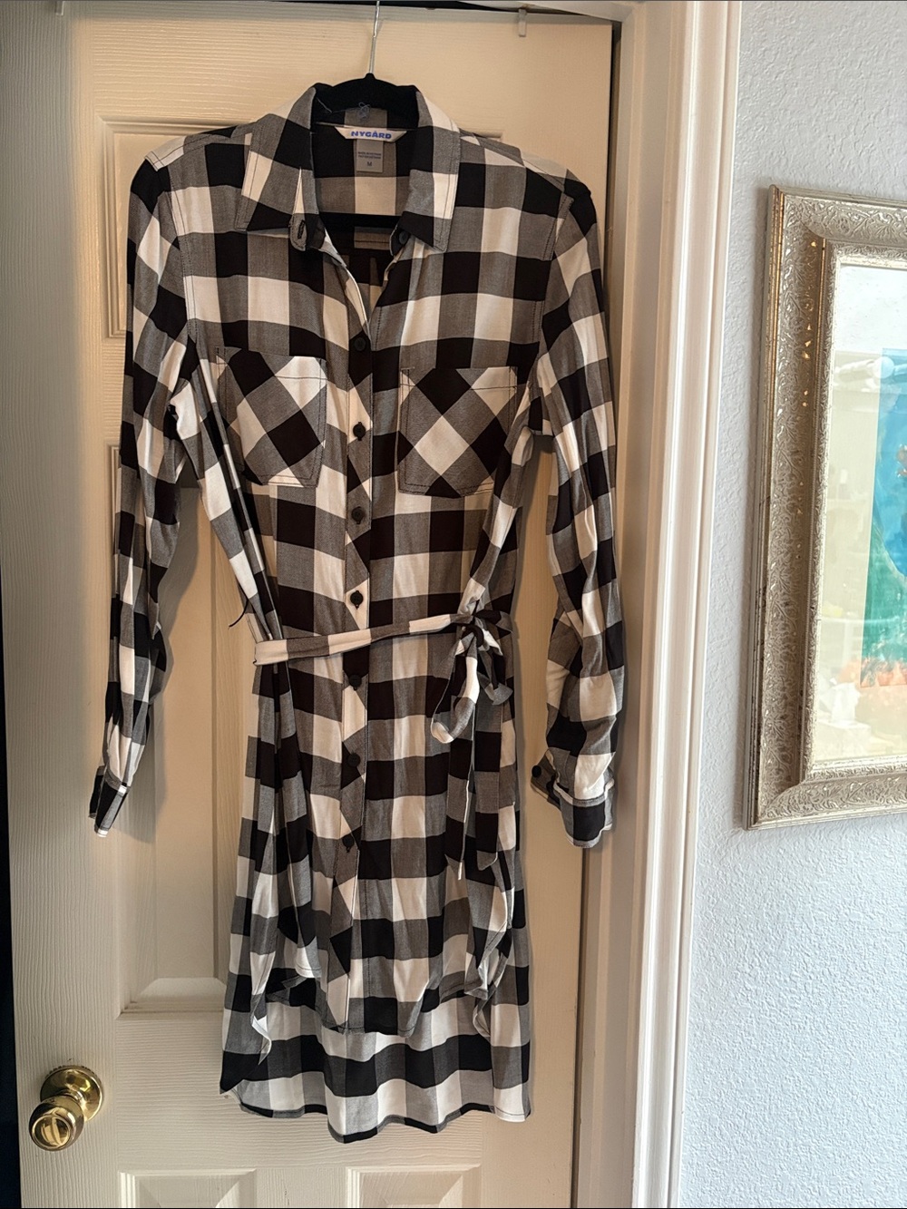 New NYGARD Black and White Plaid Long-Sleeve Shirt Dress with Tie Waist